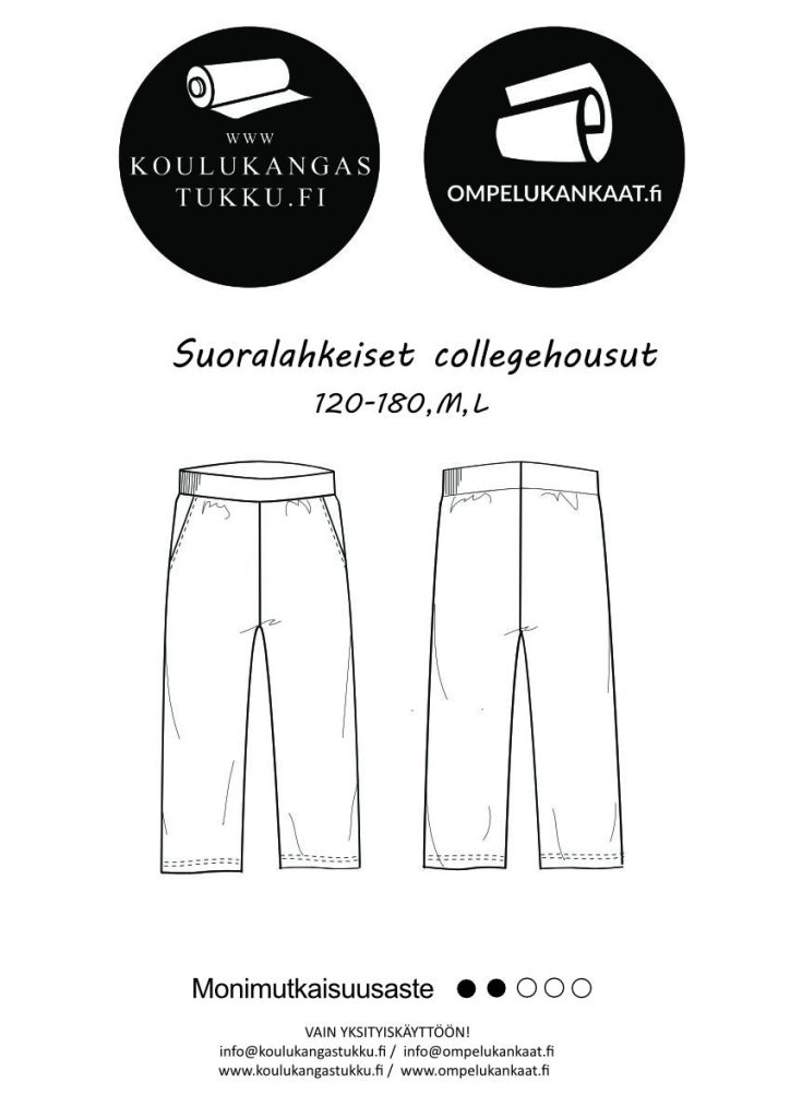 Suoralahkeiset housut Kaava, Koot 120-180cm ja M, L (KA-104)